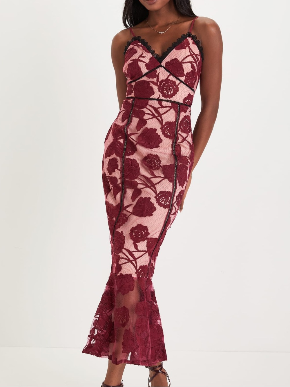 Lulus Alluring Dream Burgundy Floral Mesh Lace Trumpet Midi Dress